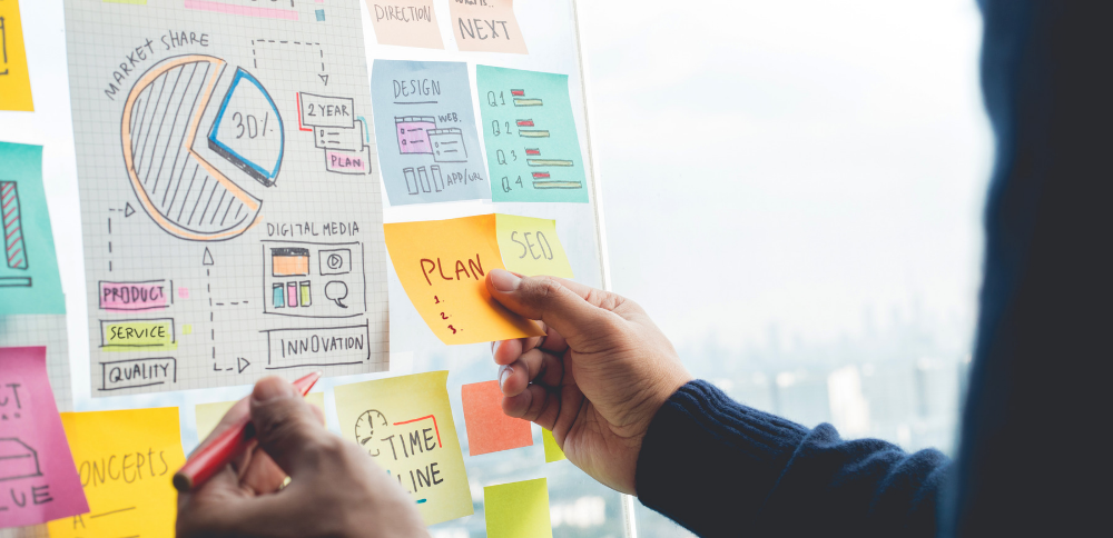 Social media branding strategies on white board